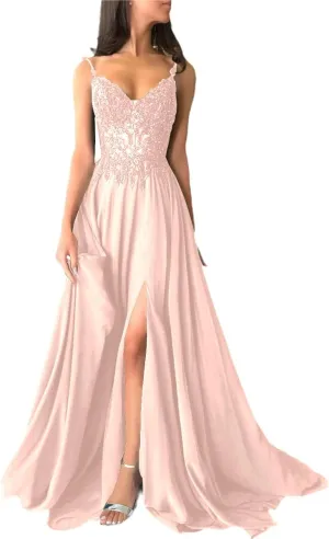 Applique Chiffon Prom Dress 2025 Split Side V Neck Spaghetti Straps A Line Evening Party Gown with Train