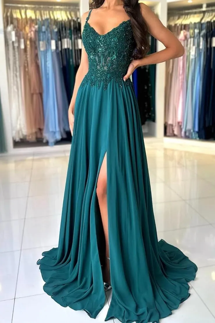 Applique Chiffon Prom Dress 2025 Split Side V Neck Spaghetti Straps A Line Evening Party Gown with Train