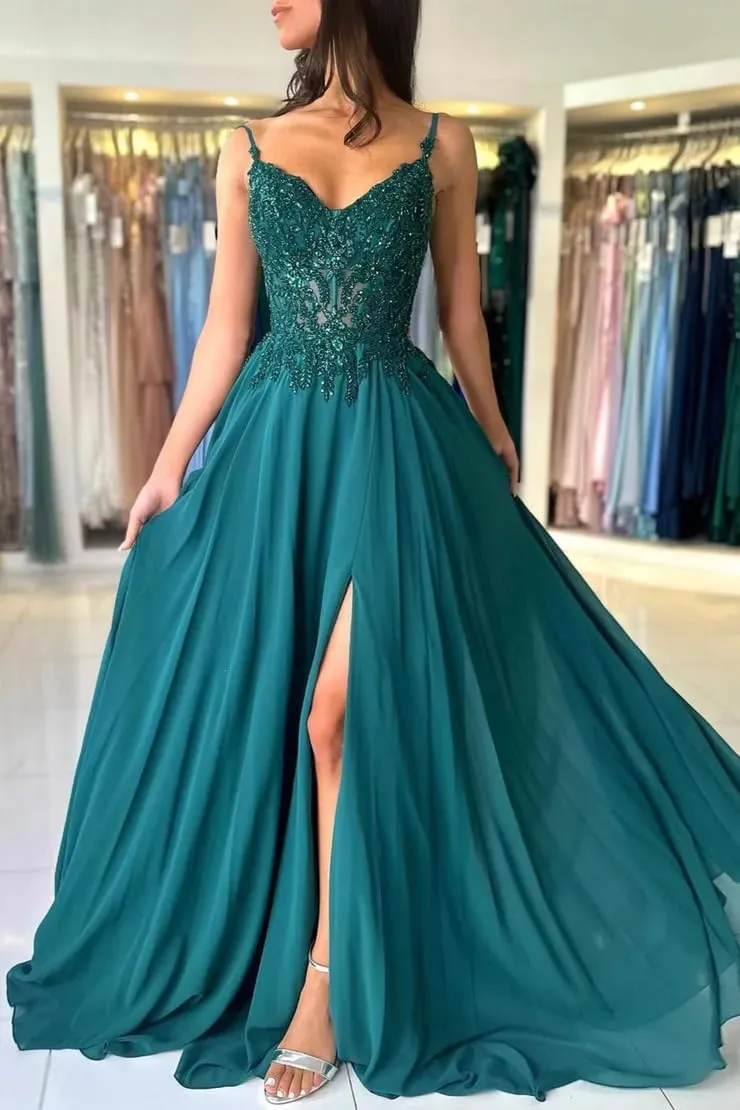 Applique Chiffon Prom Dress 2025 Split Side V Neck Spaghetti Straps A Line Evening Party Gown with Train