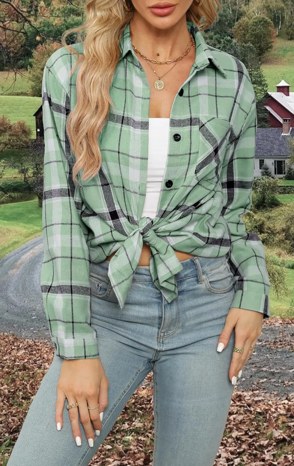 Asiertiy Womens Buffalo Plaid Flannel Shirt Long Sleeve Collar Button Down Blouses Lightweight Tops (S-2XL)
