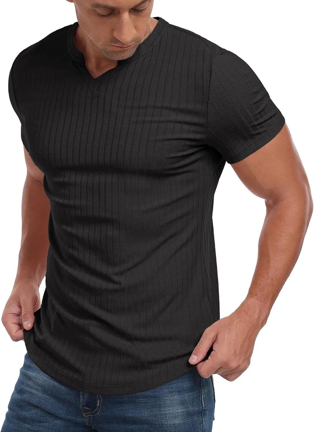 Askdeer Mens Short Sleeve Muscle T Shirt Slim Fit V-Neck Casual Shirt Gym Workout Athletic Tee