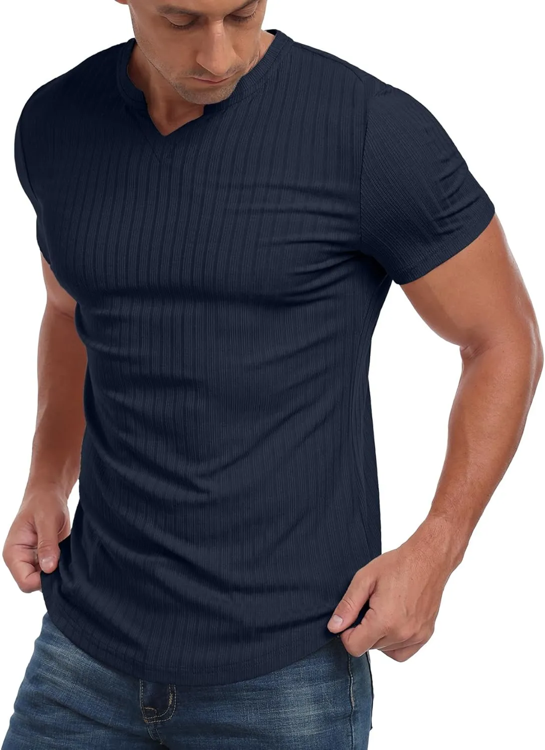 Askdeer Mens Short Sleeve Muscle T Shirt Slim Fit V-Neck Casual Shirt Gym Workout Athletic Tee