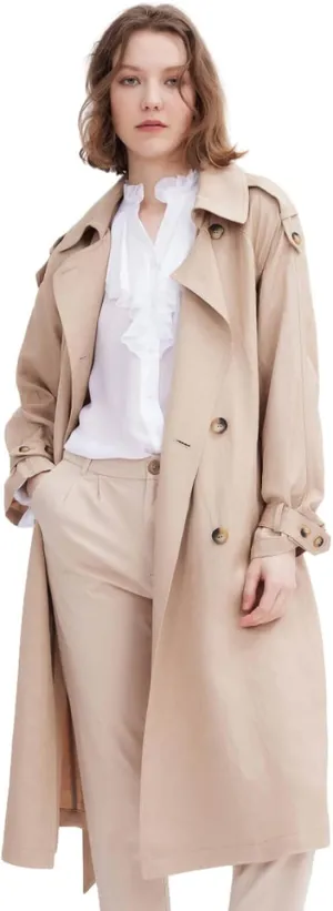 ASSUAL Womens 3/4 Length Trench Coat, Classic Double Breasted Lapel Belt Windbreaker For Workplace Business Commuting