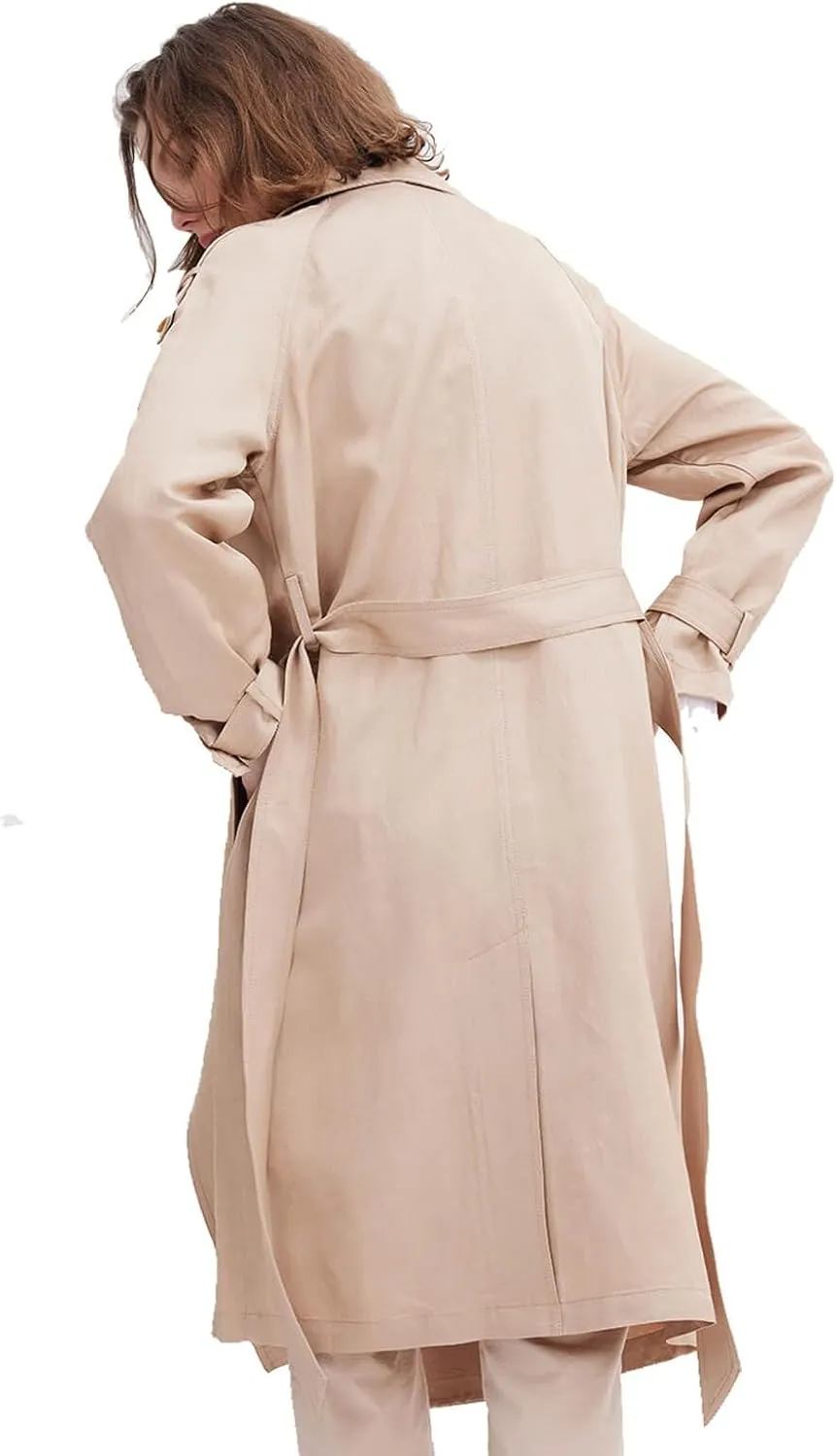 ASSUAL Womens 3/4 Length Trench Coat, Classic Double Breasted Lapel Belt Windbreaker For Workplace Business Commuting