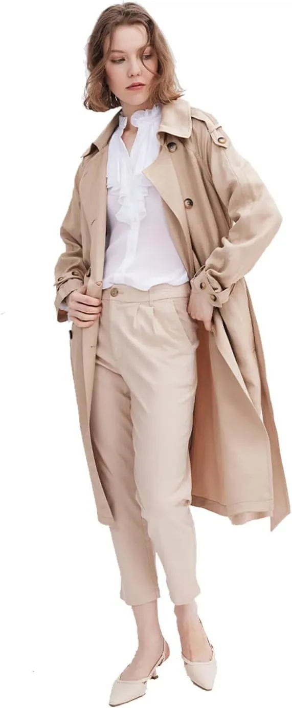 ASSUAL Womens 3/4 Length Trench Coat, Classic Double Breasted Lapel Belt Windbreaker For Workplace Business Commuting