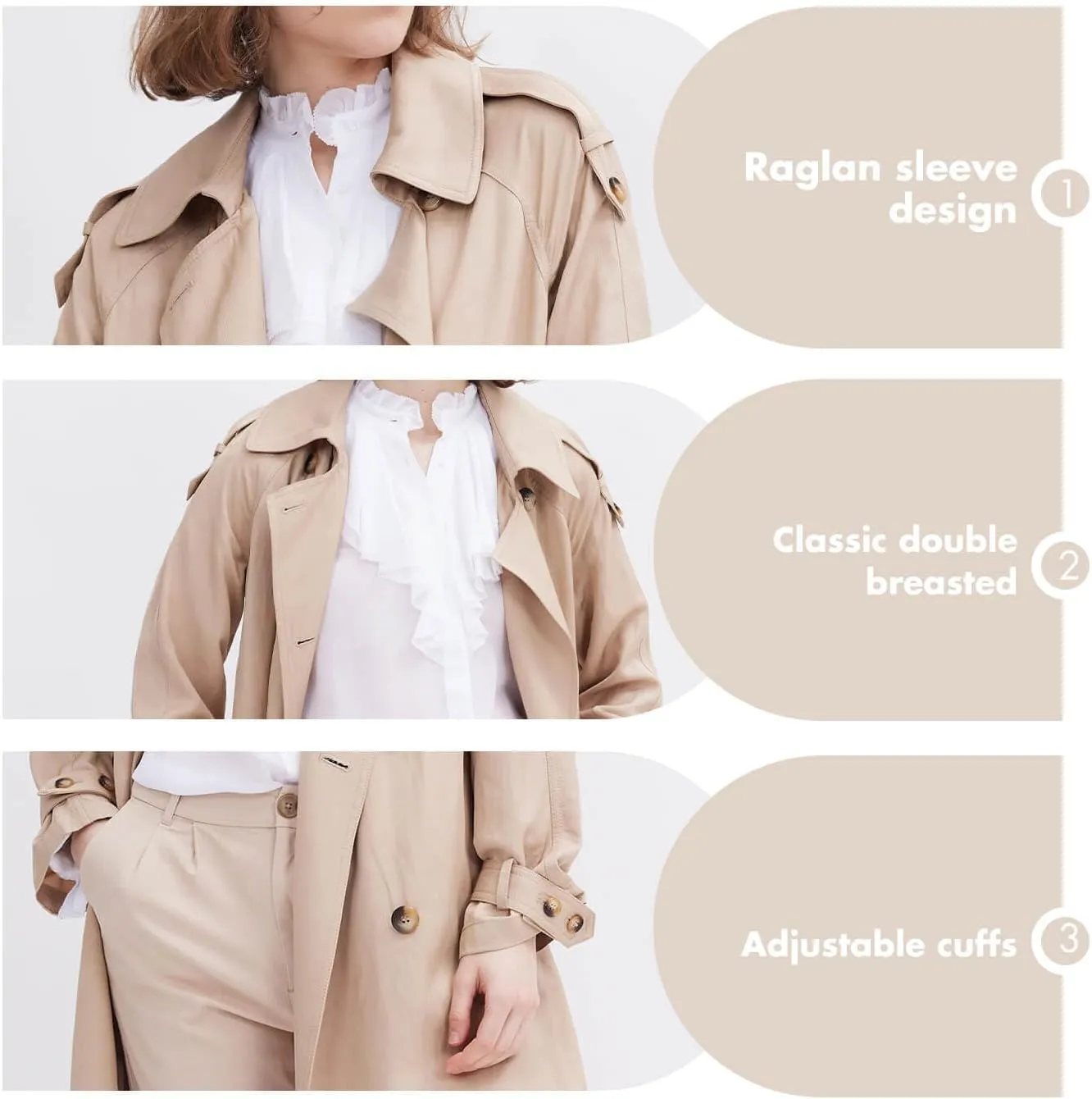 ASSUAL Womens 3/4 Length Trench Coat, Classic Double Breasted Lapel Belt Windbreaker For Workplace Business Commuting