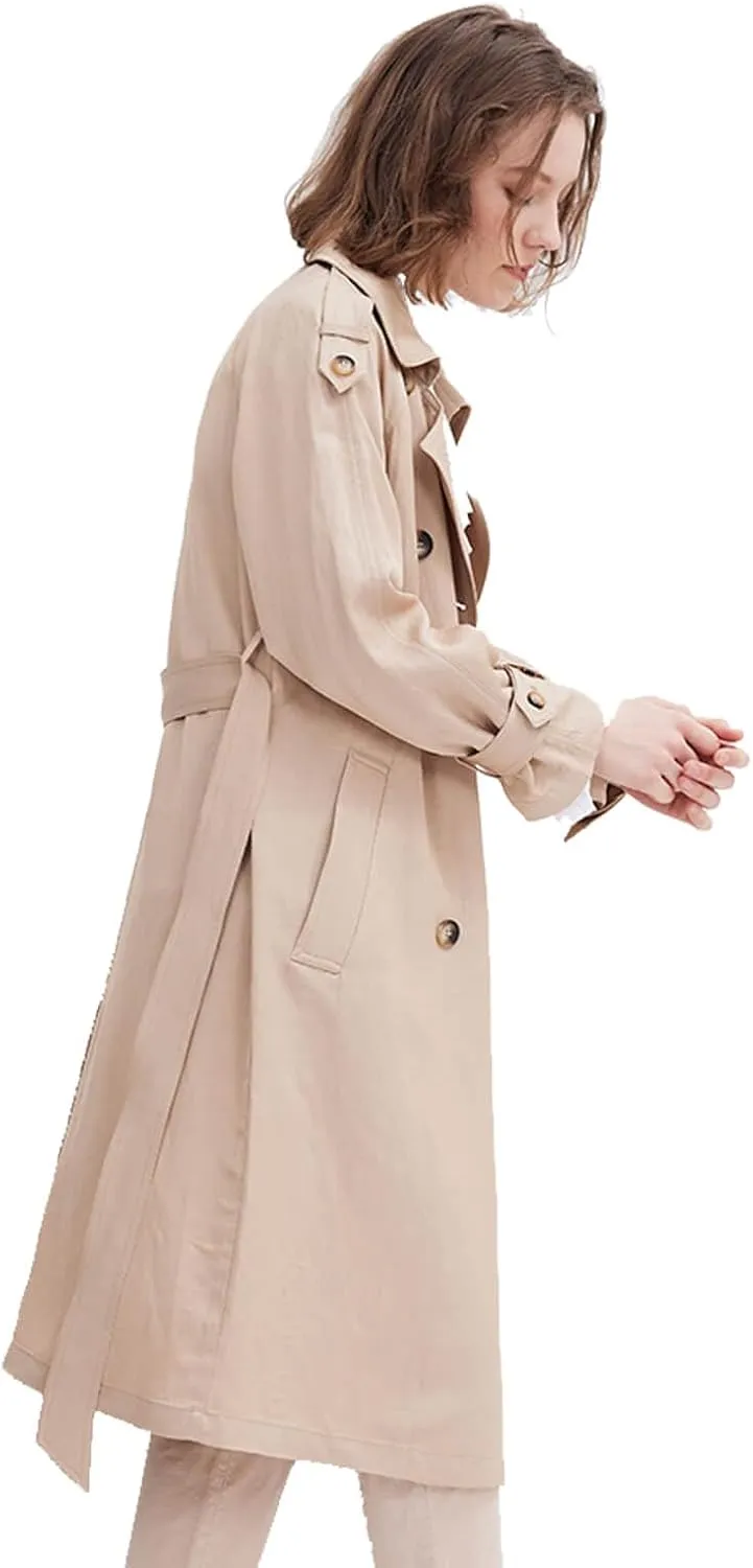 ASSUAL Womens 3/4 Length Trench Coat, Classic Double Breasted Lapel Belt Windbreaker For Workplace Business Commuting