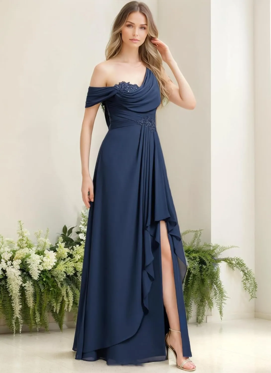 Asymmetrical Bridesmaid Dresses for Women Chiffon Wedding Guest with Slit Elegant Sequins Appliques Evening Dress