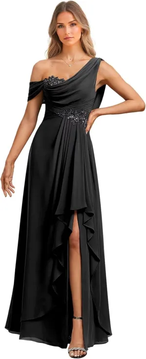 Asymmetrical Bridesmaid Dresses for Women Chiffon Wedding Guest with Slit Elegant Sequins Appliques Evening Dress