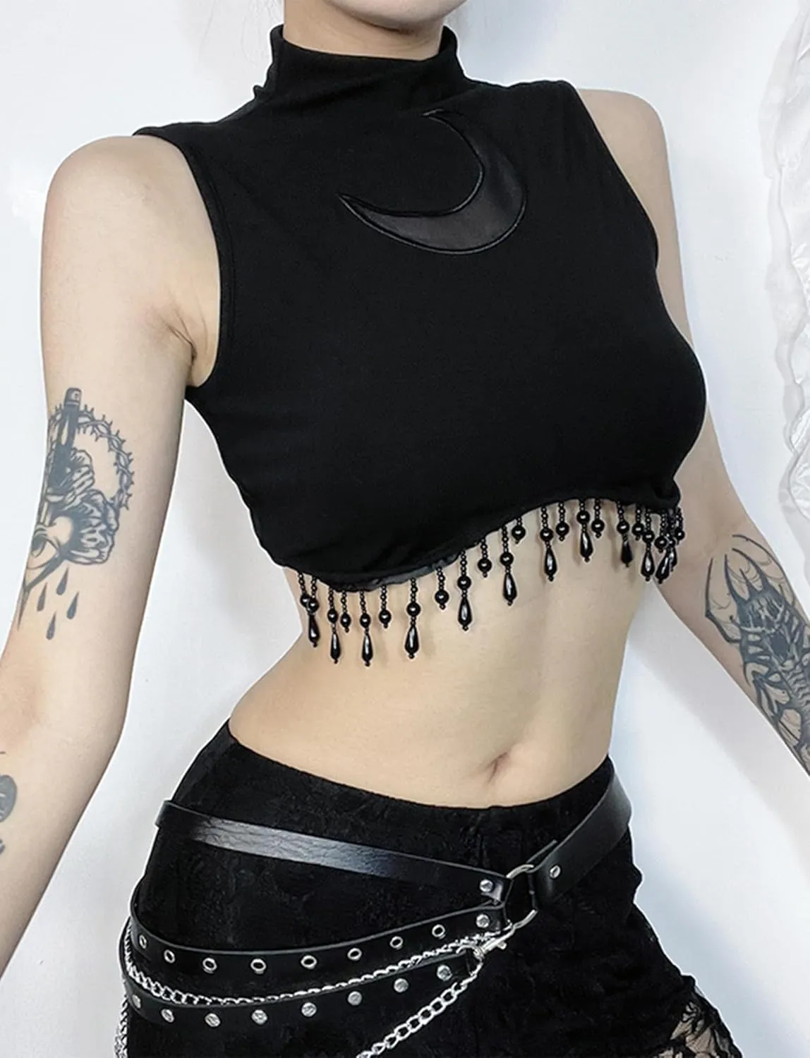 AUBIG Gothic Tank Top Crop Top Women Punk Camisole Sleeveless Shirt Lace Alt Emo Girl Blouse Streetwear Workout T-Shirt