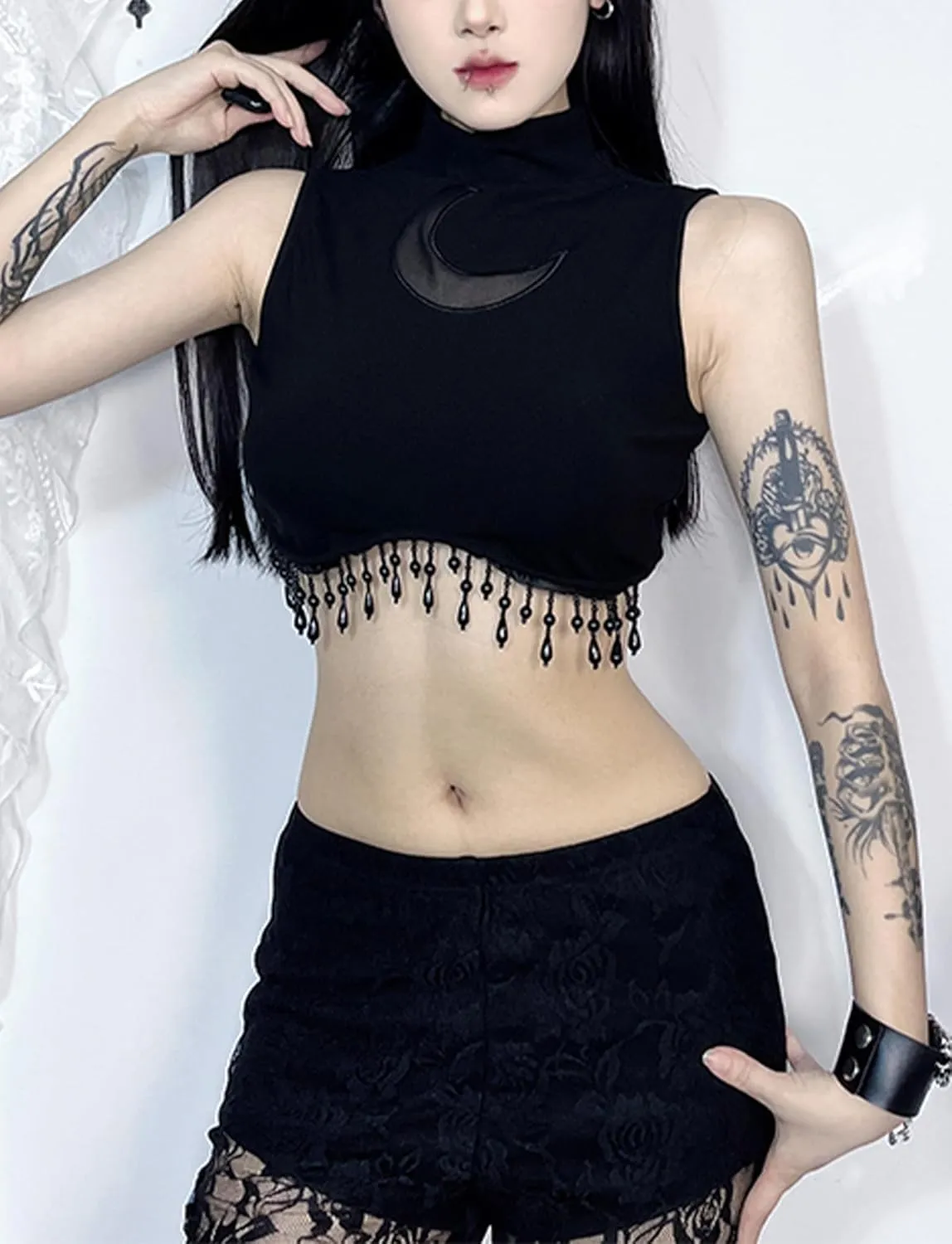 AUBIG Gothic Tank Top Crop Top Women Punk Camisole Sleeveless Shirt Lace Alt Emo Girl Blouse Streetwear Workout T-Shirt