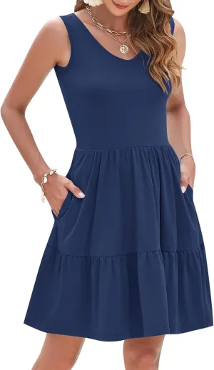AUSELILY Womens Summer Dresses 2025 Casual Sleeveless Sundress Beach Vacation Flowy Tiered Short Dresses with Pockets