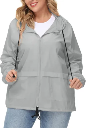 Avoogue Plus Size Raincoat Women Waterproof Rain Jacket Packable Outdoor Hooded Windbreaker