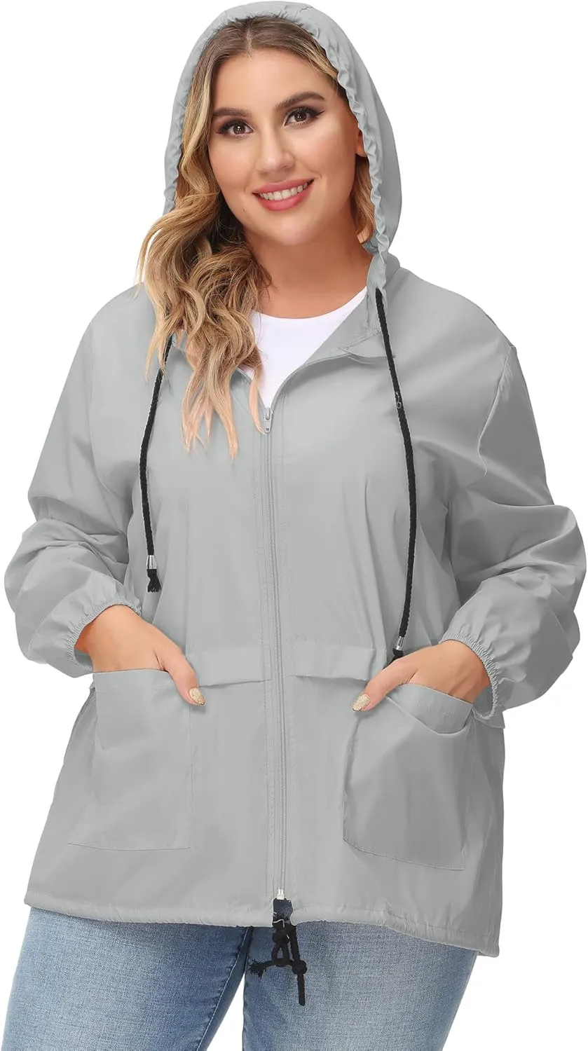 Avoogue Plus Size Raincoat Women Waterproof Rain Jacket Packable Outdoor Hooded Windbreaker