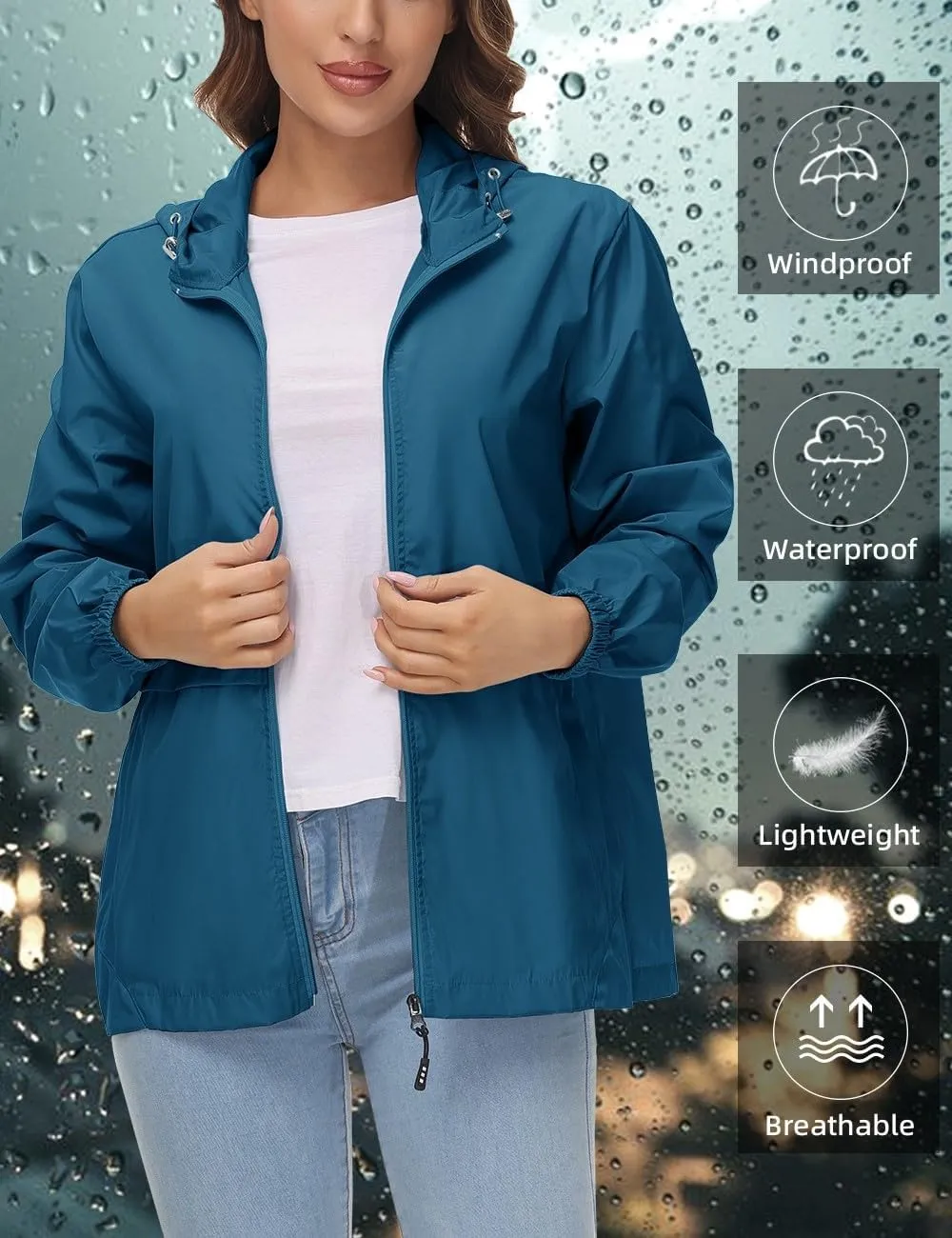 Avoogue Womens Waterproof Rain Jacket Lightweight Raincoat Packable Hooded Outdoor Windbreaker