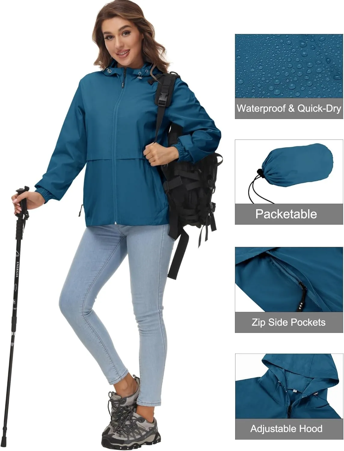 Avoogue Womens Waterproof Rain Jacket Lightweight Raincoat Packable Hooded Outdoor Windbreaker