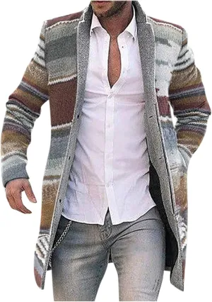 Aztec Jacket for Men, Mid Length Cardigan Sweaters, Shawl Collar Long Sleeve Open Front Button Jumper with Pockets