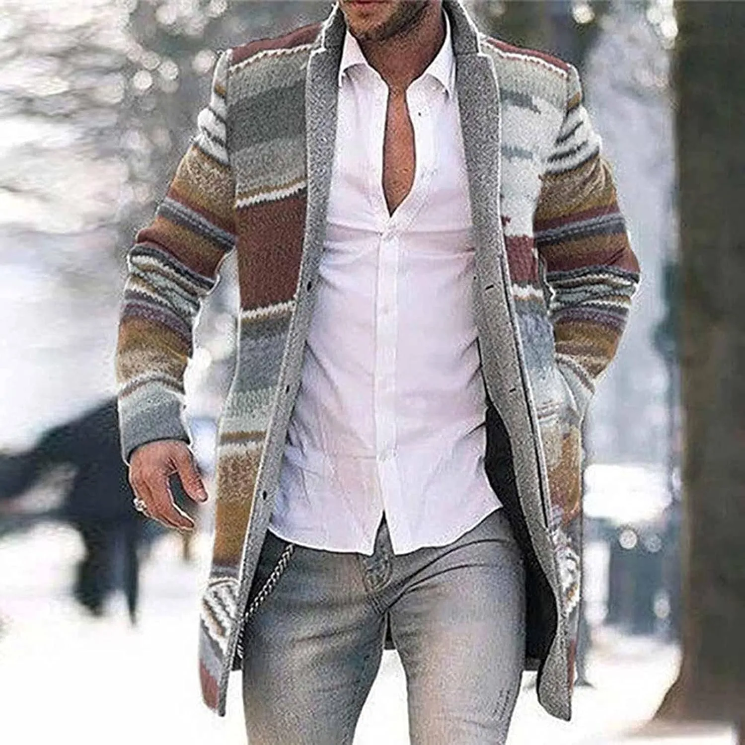 Aztec Jacket for Men, Mid Length Cardigan Sweaters, Shawl Collar Long Sleeve Open Front Button Jumper with Pockets