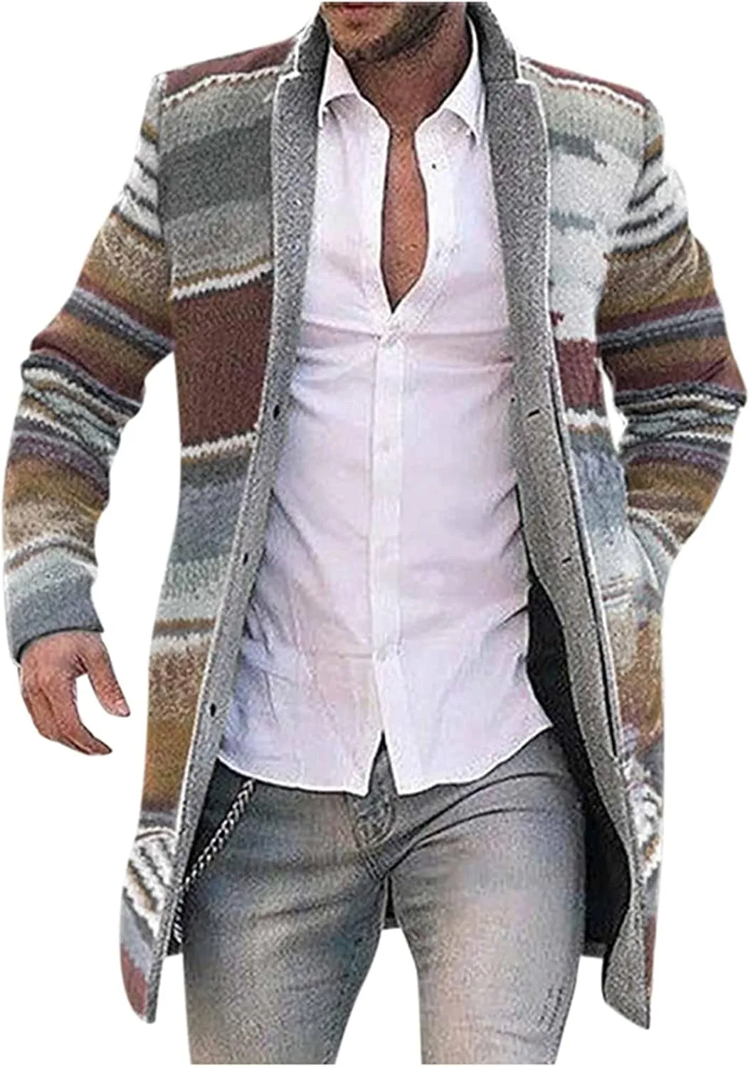Aztec Jacket for Men, Mid Length Cardigan Sweaters, Shawl Collar Long Sleeve Open Front Button Jumper with Pockets