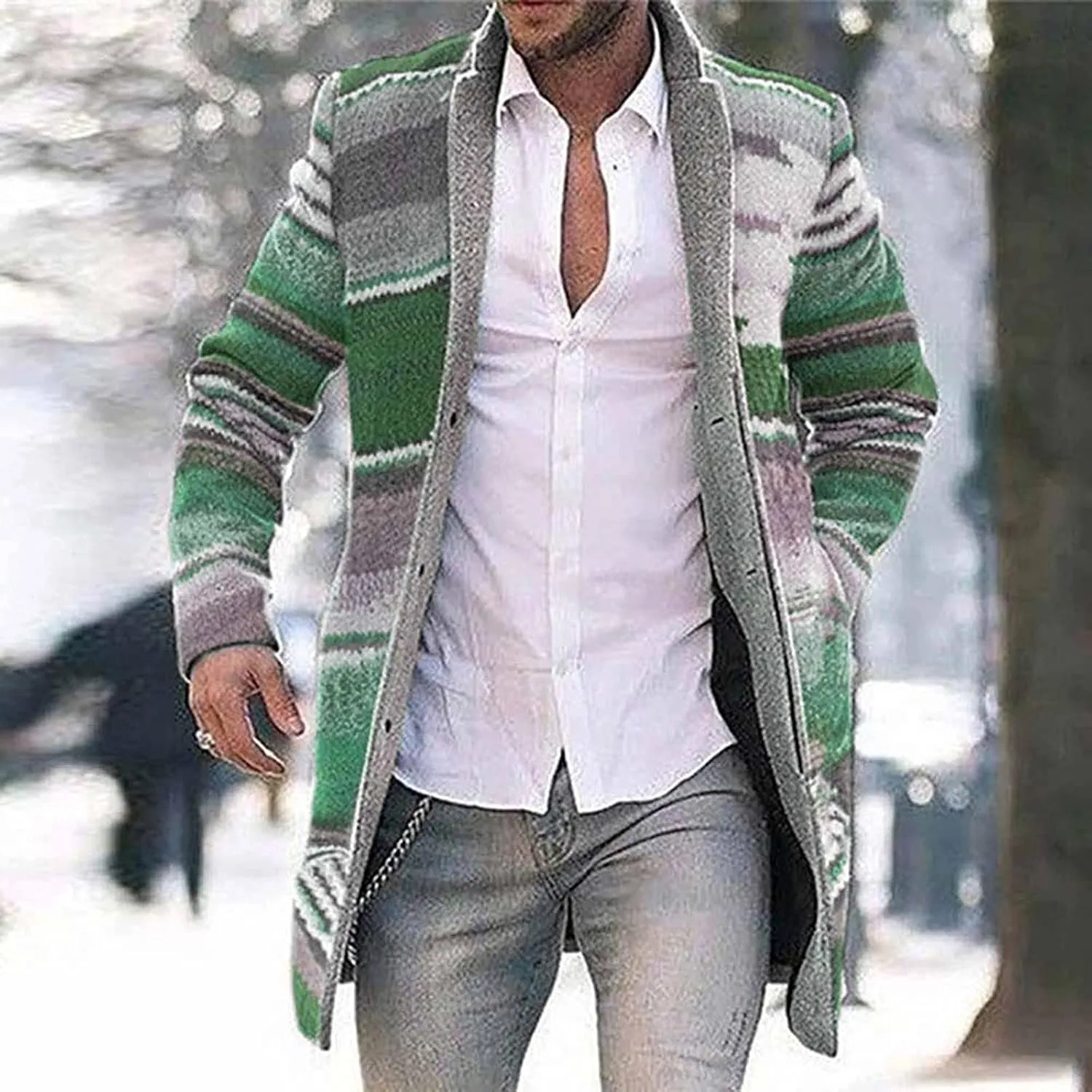 Aztec Jacket for Men, Mid Length Cardigan Sweaters, Shawl Collar Long Sleeve Open Front Button Jumper with Pockets
