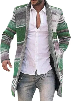 Aztec Jacket for Men, Mid Length Cardigan Sweaters, Shawl Collar Long Sleeve Open Front Button Jumper with Pockets