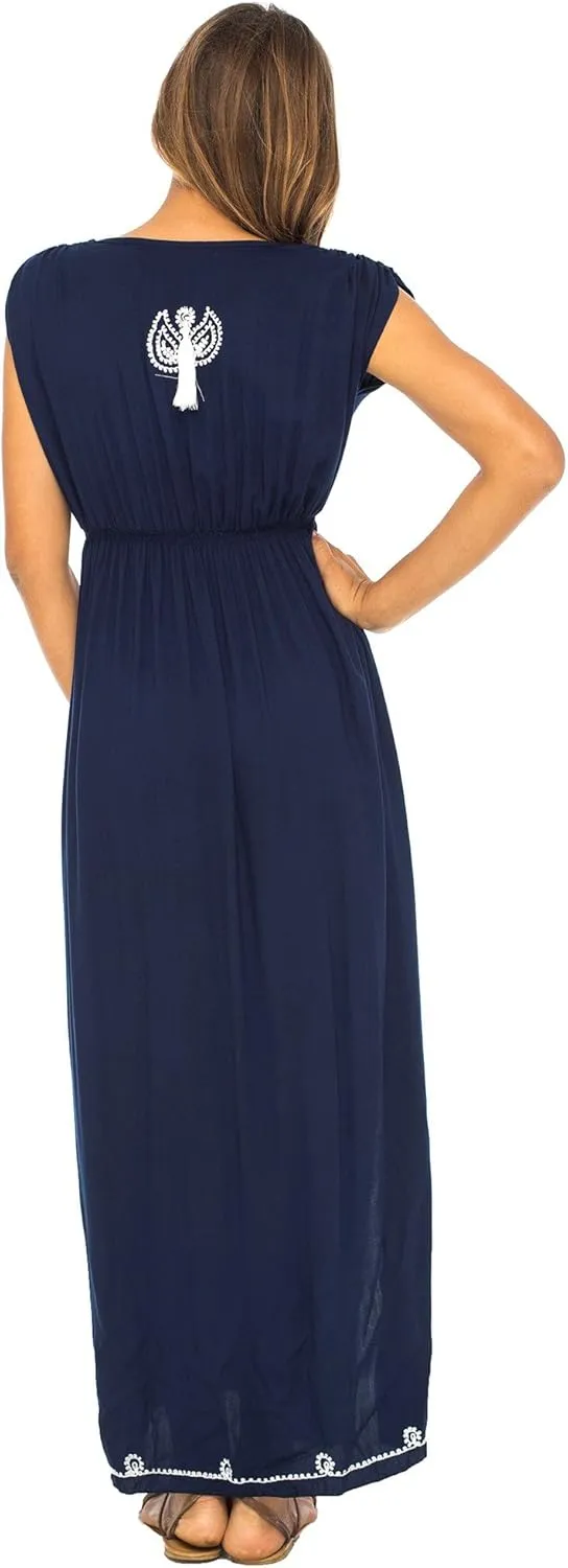 Back From Bali Womens Long Maxi Dress Boho Embroidered Sleeveless Summer Sundress Deep V Neck