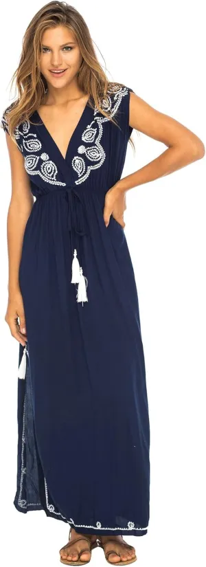 Back From Bali Womens Long Maxi Dress Boho Embroidered Sleeveless Summer Sundress Deep V Neck