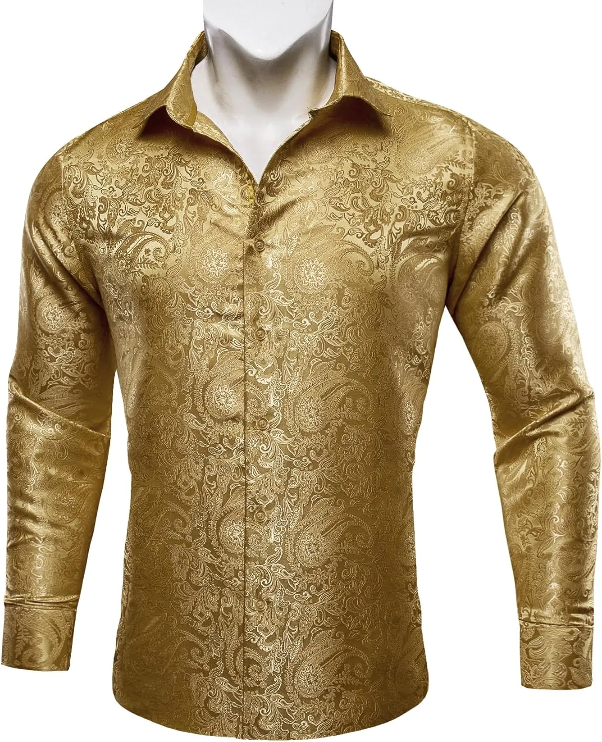 Barry.Wang Men's Dress Shirt Paisley Silk Long Sleeve Button Down Shirts Formal Wedding Regular Fit Tops Disco Party