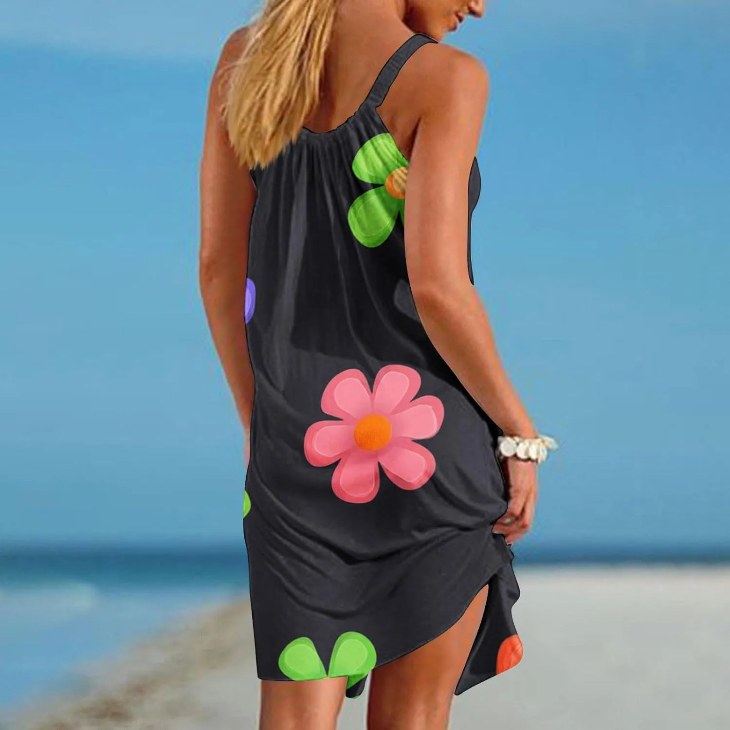 Beach Tank Dresses for Women Sleeveless Comfy Loose Fit Funny Floral Printing Boho 2025 Summer Vacation Mini Dress