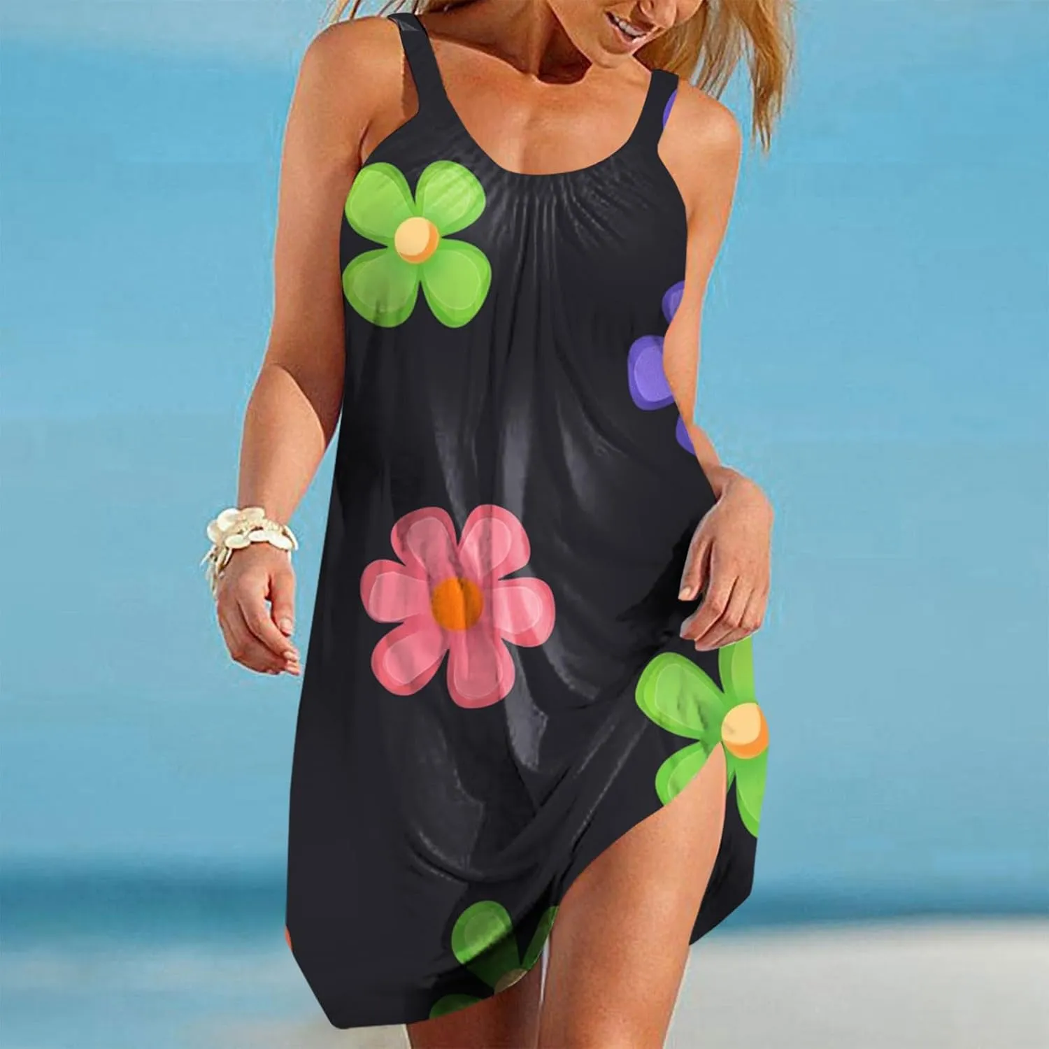 Beach Tank Dresses for Women Sleeveless Comfy Loose Fit Funny Floral Printing Boho 2025 Summer Vacation Mini Dress