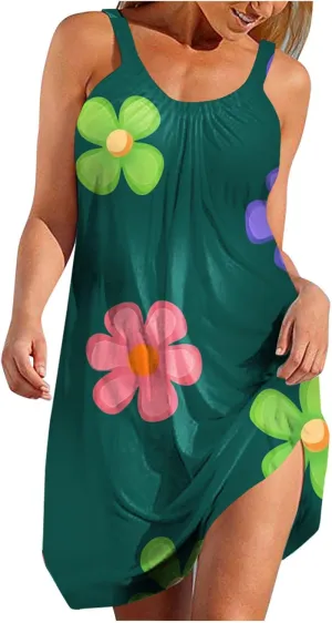 Beach Tank Dresses for Women Sleeveless Comfy Loose Fit Funny Floral Printing Boho 2025 Summer Vacation Mini Dress