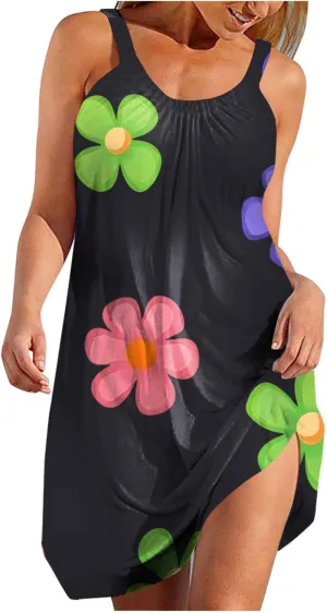 Beach Tank Dresses for Women Sleeveless Comfy Loose Fit Funny Floral Printing Boho 2025 Summer Vacation Mini Dress
