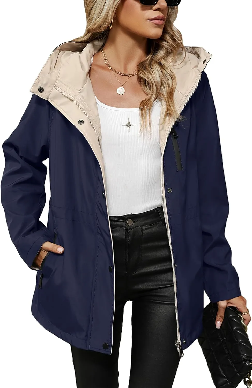 Bellivera Women Reversible Lightweight Jacket Casual Windbreaker Outerwear Waterproof Outdoor Printed Raincoat