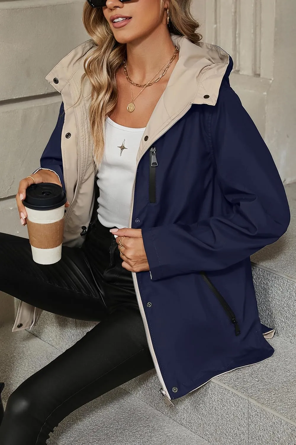 Bellivera Women Reversible Lightweight Jacket Casual Windbreaker Outerwear Waterproof Outdoor Printed Raincoat