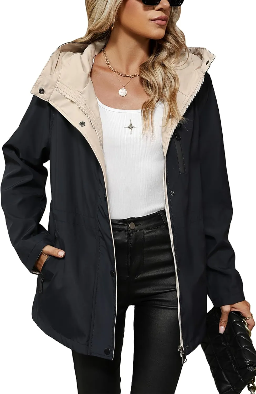 Bellivera Women Reversible Lightweight Jacket Casual Windbreaker Outerwear Waterproof Outdoor Printed Raincoat