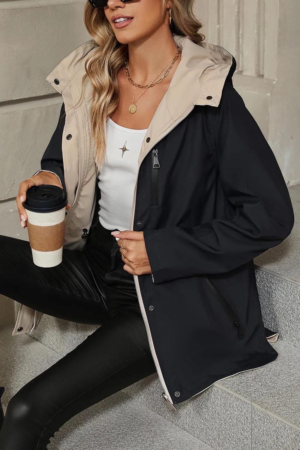 Bellivera Women Reversible Lightweight Jacket Casual Windbreaker Outerwear Waterproof Outdoor Printed Raincoat
