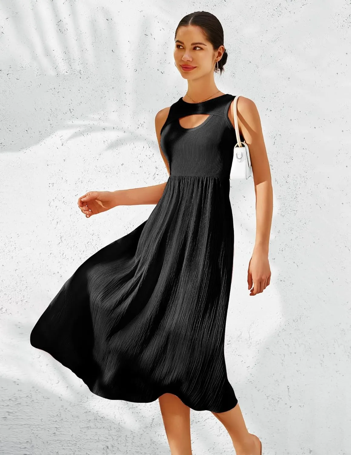 BeryLove Casual Midi Tank Dress Summer Ribbed Knit Pleated Dresses with Pockets