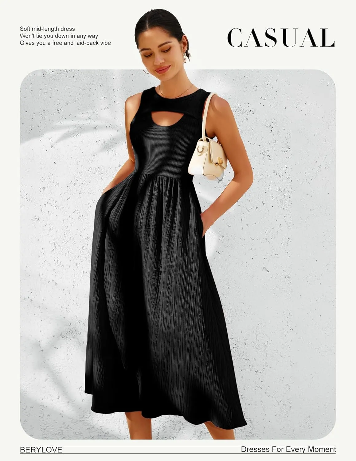 BeryLove Casual Midi Tank Dress Summer Ribbed Knit Pleated Dresses with Pockets
