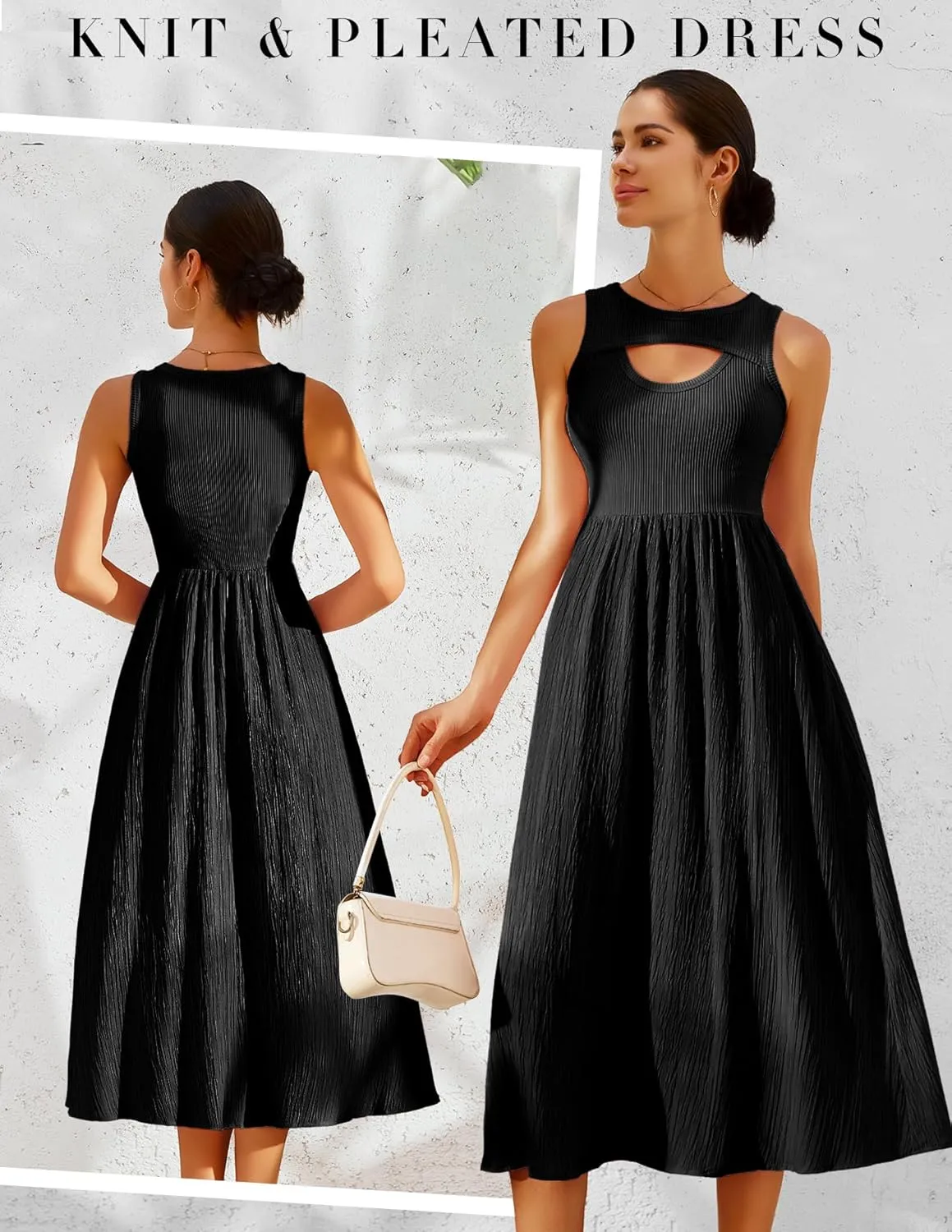 BeryLove Casual Midi Tank Dress Summer Ribbed Knit Pleated Dresses with Pockets