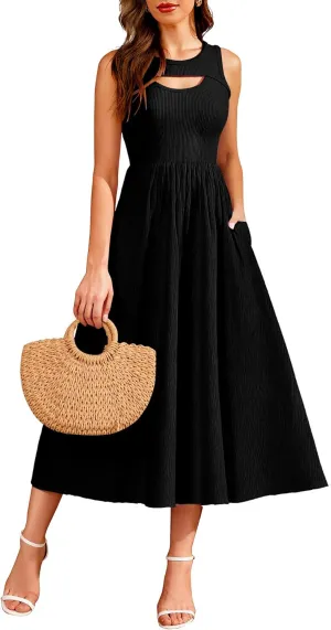 BeryLove Casual Midi Tank Dress Summer Ribbed Knit Pleated Dresses with Pockets