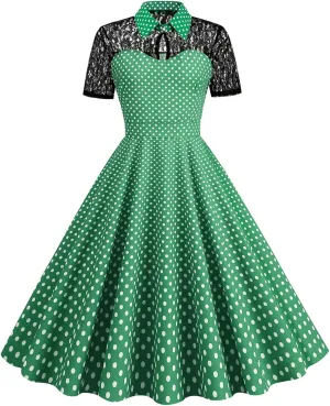 Binmer 1950s Dresses for Women Vintage Short Sleeve Lapel Swing A Line Midi Summer Dress Cocktail Party Evening Prom Gown