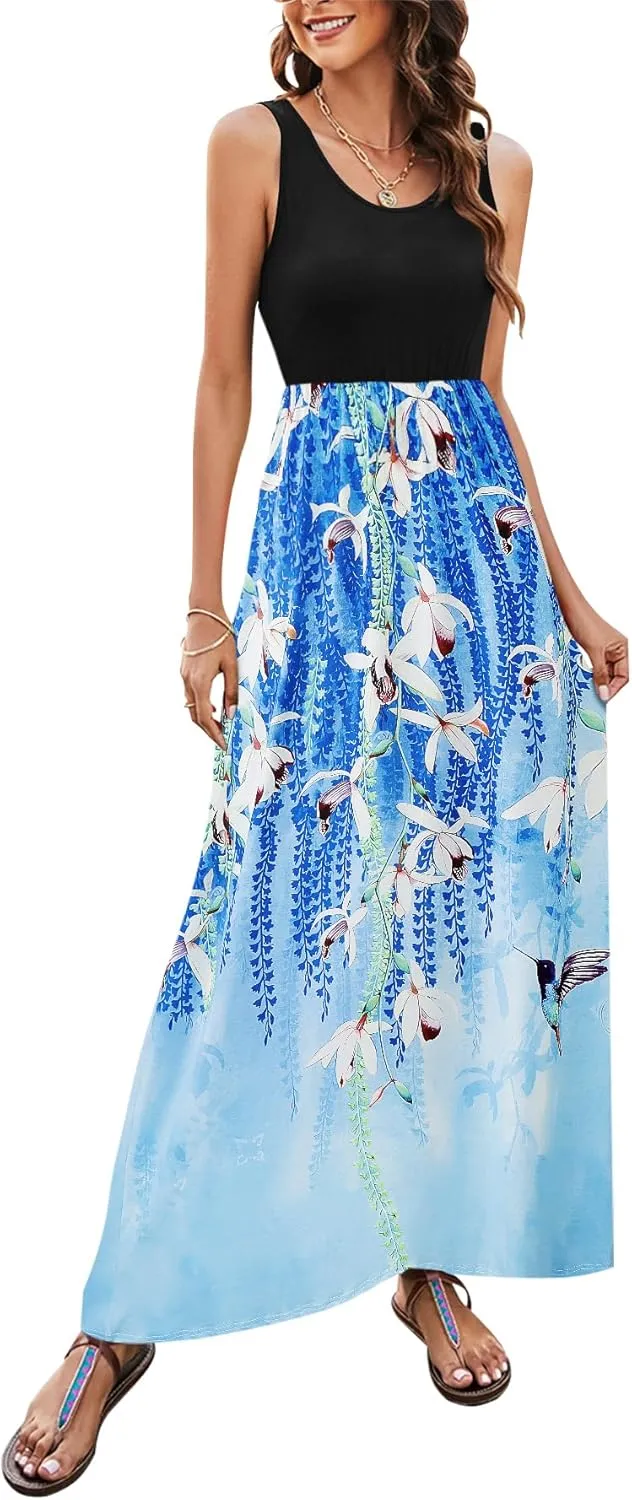 Bluetime Women's Summer Boho Sleeveless Floral Print Tank Long Maxi Dress (S-3XL)