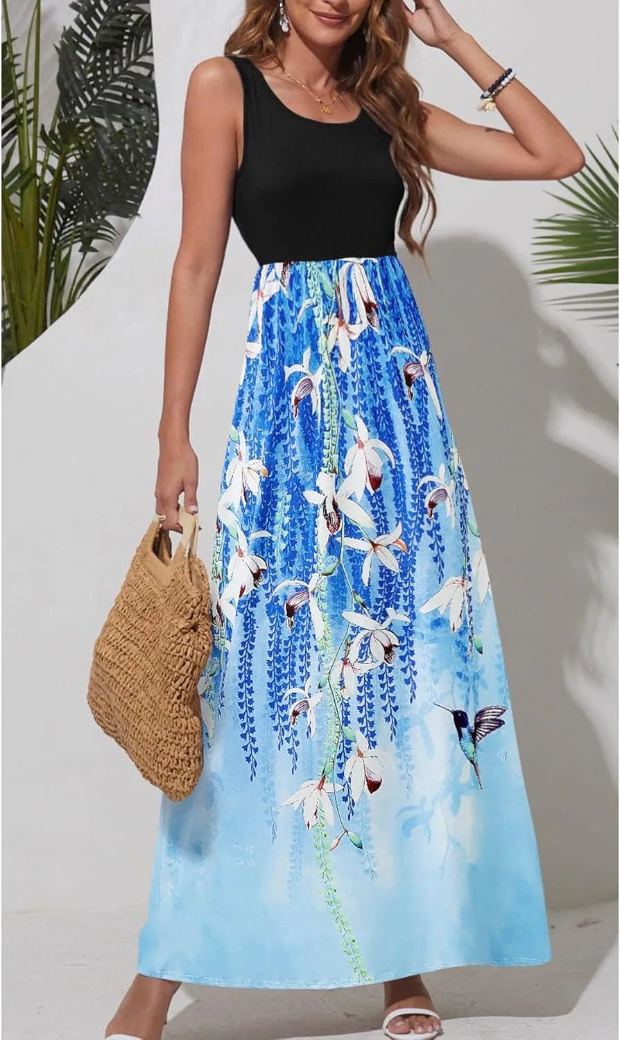 Bluetime Women's Summer Boho Sleeveless Floral Print Tank Long Maxi Dress (S-3XL)