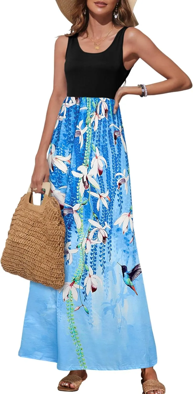 Bluetime Women's Summer Boho Sleeveless Floral Print Tank Long Maxi Dress (S-3XL)