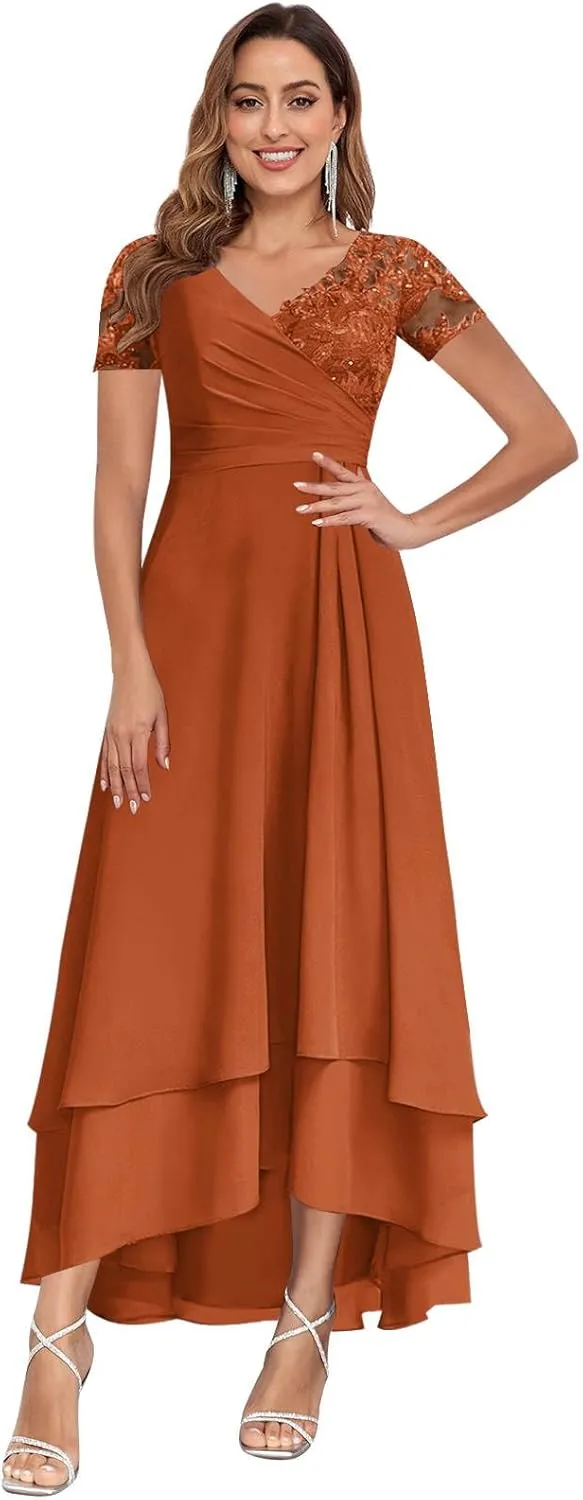 BONOYUER Tea Length Mother of The Bride Dresses with Sleeves V Neck Chiffon Formal Wedding Guest Dress for Women
