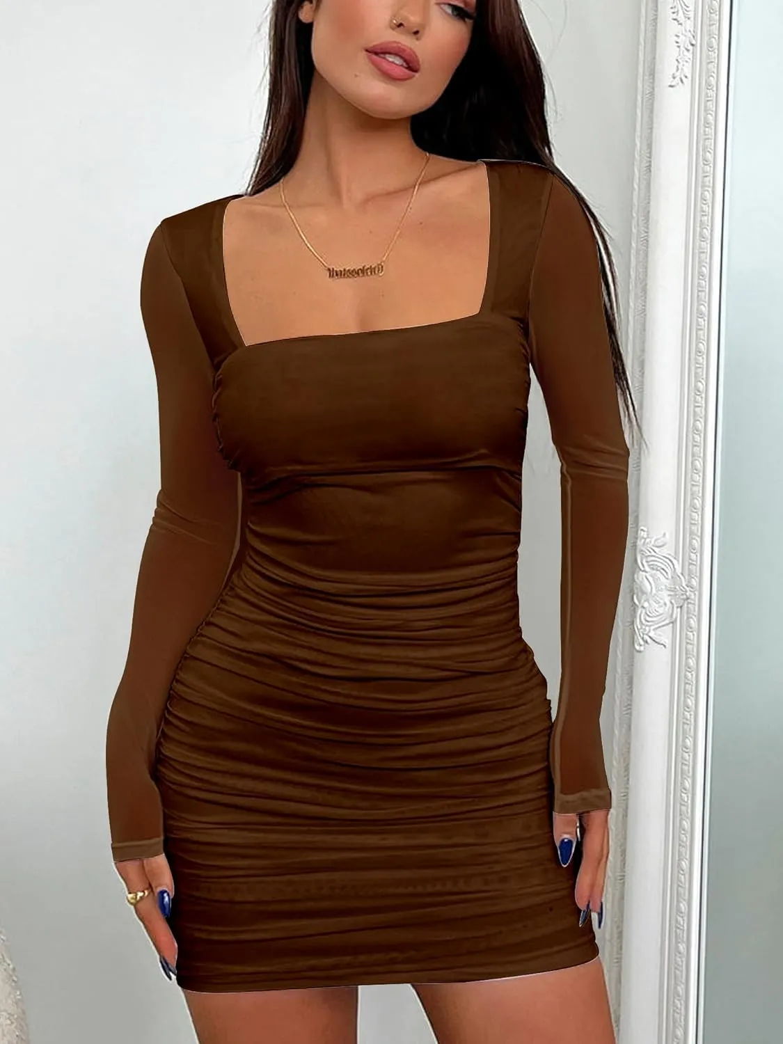 BORIFLORS Women's Sexy Ruched Bodycon Mini Dress Mesh Long Sleeve Club Party Short Dresses