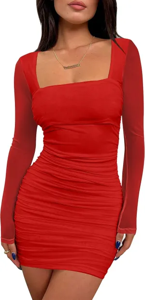 BORIFLORS Women's Sexy Ruched Bodycon Mini Dress Mesh Long Sleeve Club Party Short Dresses
