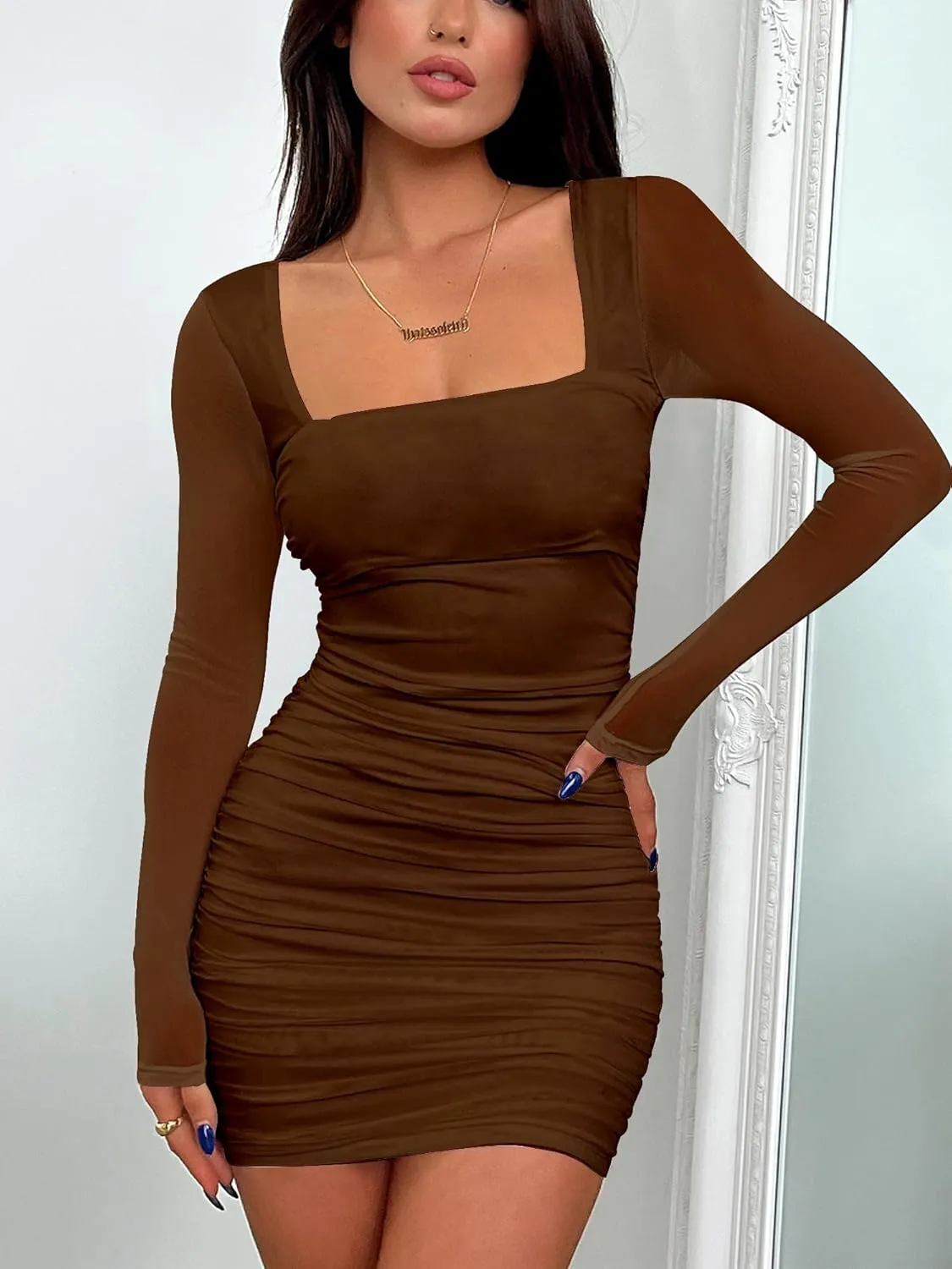 BORIFLORS Women's Sexy Ruched Bodycon Mini Dress Mesh Long Sleeve Club Party Short Dresses