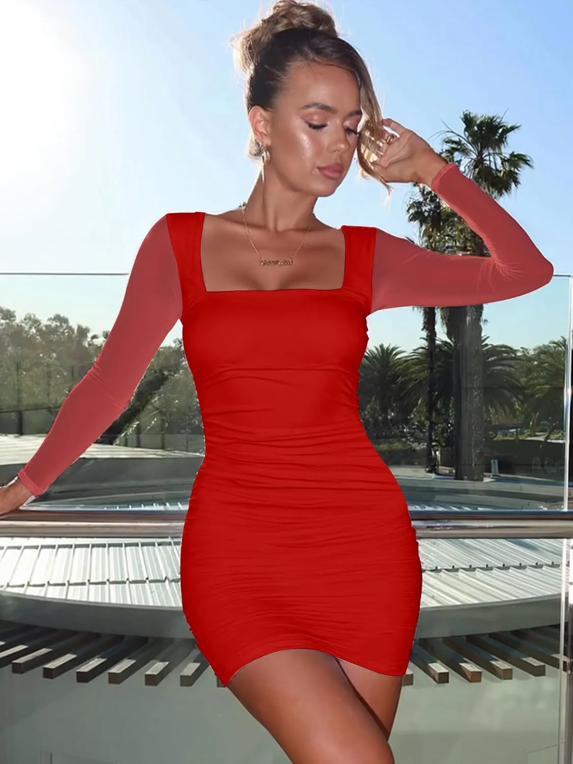 BORIFLORS Women's Sexy Ruched Bodycon Mini Dress Mesh Long Sleeve Club Party Short Dresses