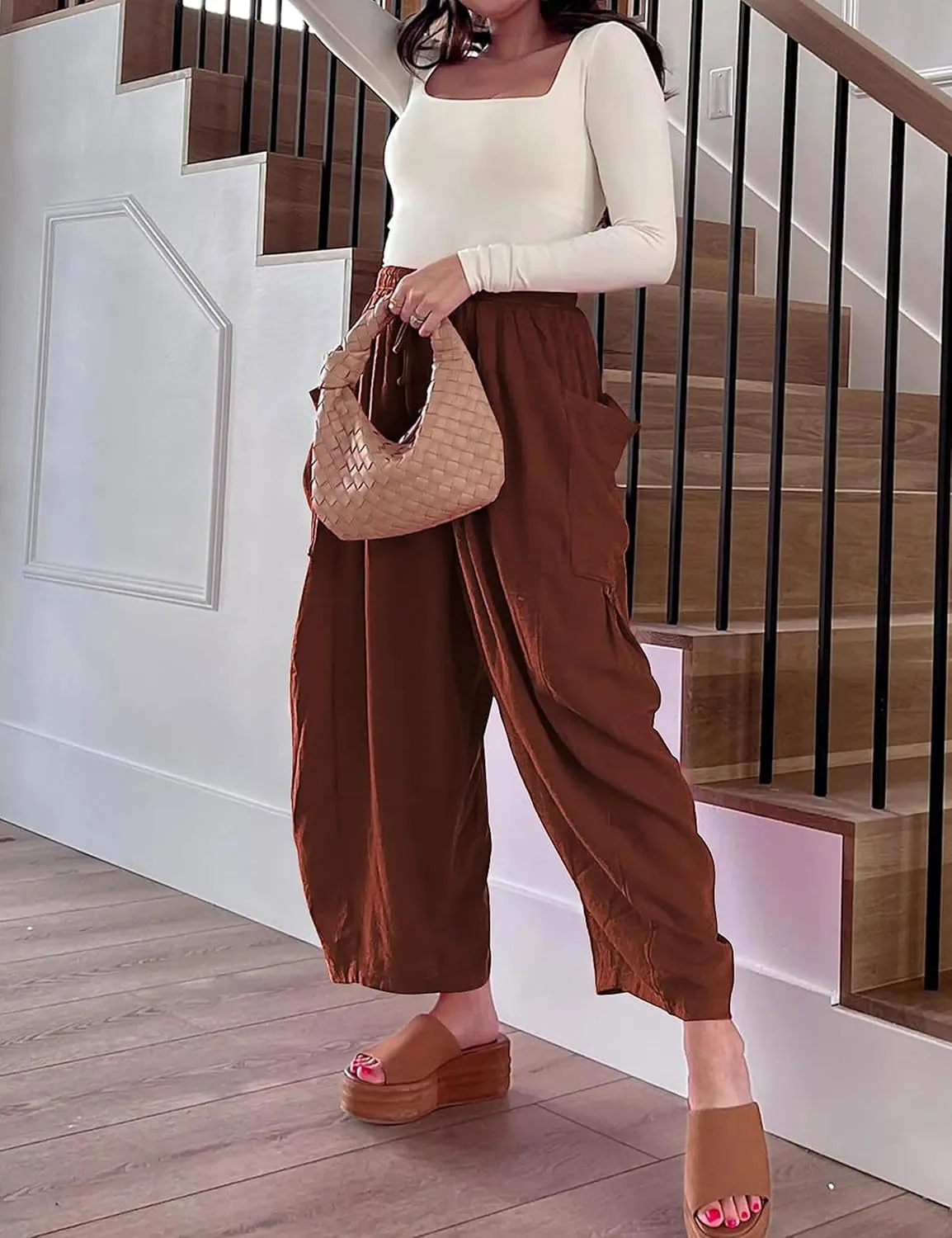 Bozanly Women's Wide Leg Loose Pants Casual High Waist Yoga Slacks Trousers with Drawstring